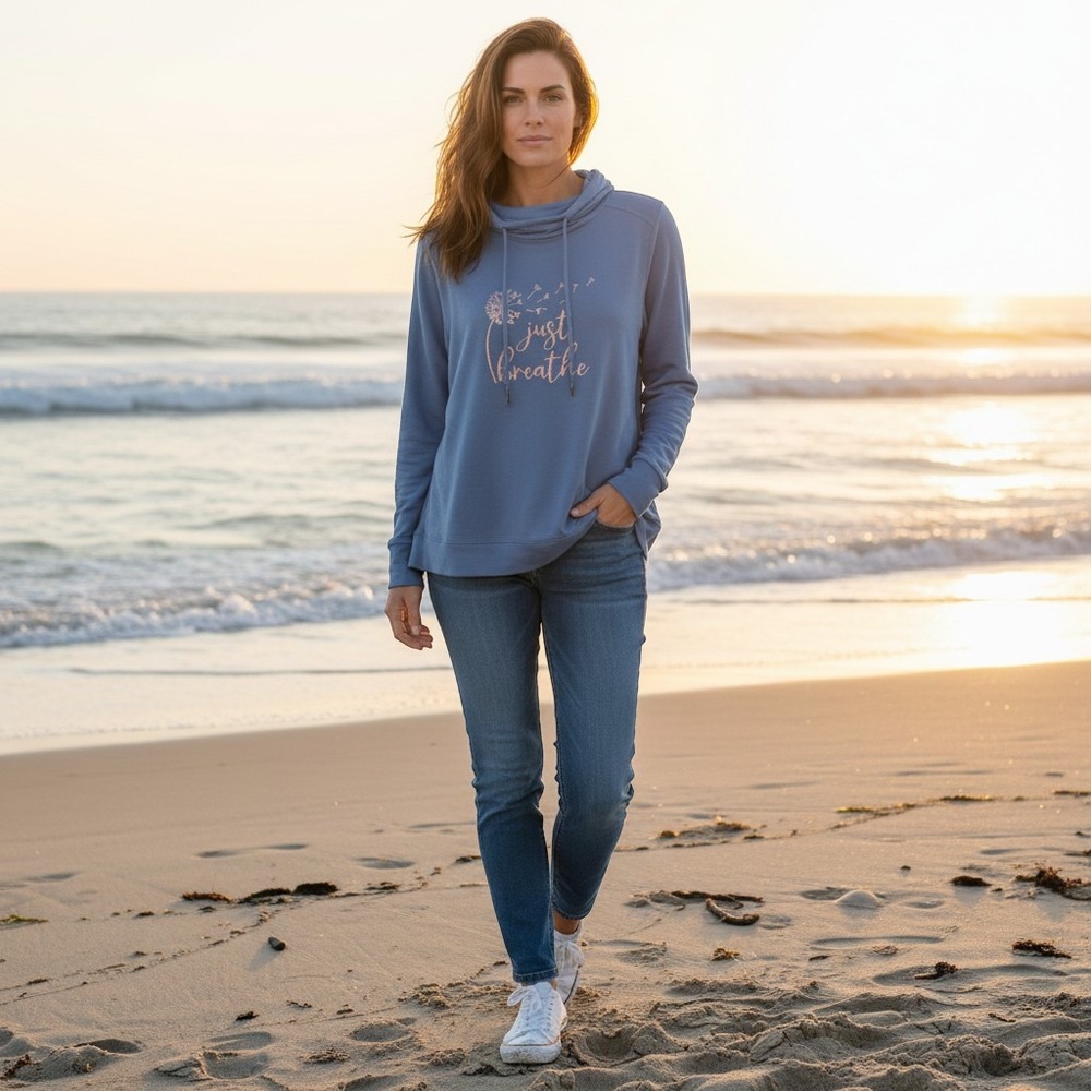 Athletic Works Women Blue Just Breathe Cowl Neck Pullover Sweatshirt S 4-6